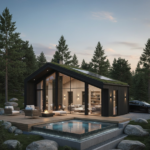 Bygg ett med ett lyxigt attefallshus lyxigt attefallshus vid skogsglänta, stora fönsterpartier och ett vackert trädäck med pool