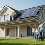 Solenergi hemma En glad familj tittar på när hantverkare installerar solpaneler på deras hustak.