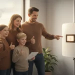 En leende familj som ser nöjda ut med sitt beslut att ansluta huset till fjärrvärme.