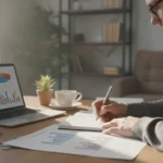 Få koll på renoveringsbudgeten En person sitter vid ett skrivbord och arbetar med sin privata budget.